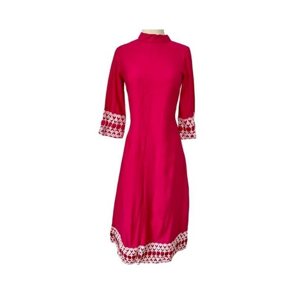 Extremely Rare 1970s Mommy & Me Handmade Matching Hot Pink Mock Neck Maxi Gowns - Picture 3 of 9